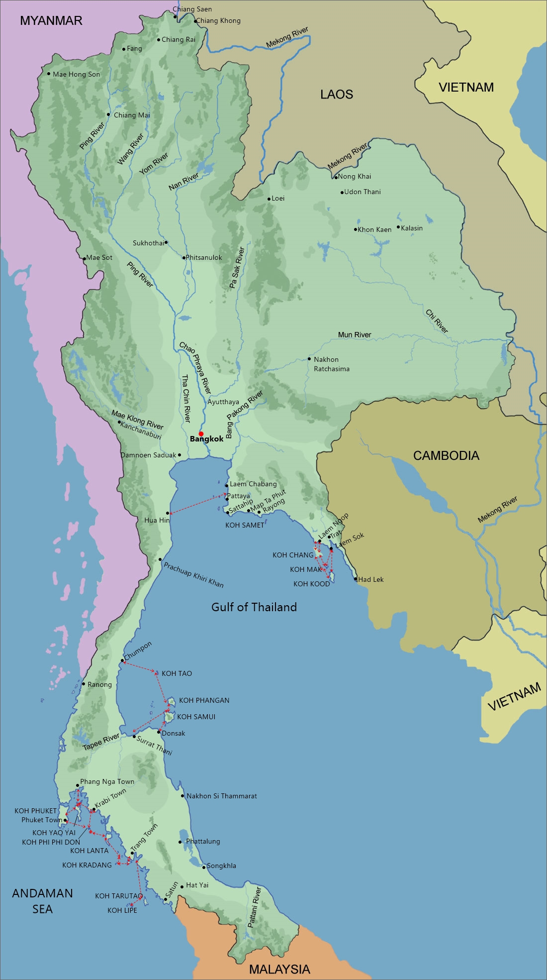 Map showing the rivers in Thailand and selected ferry routes.