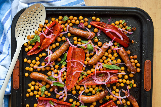 Easy Sheet Pan Merguez with Red Peppers & Crispy Chickpeas