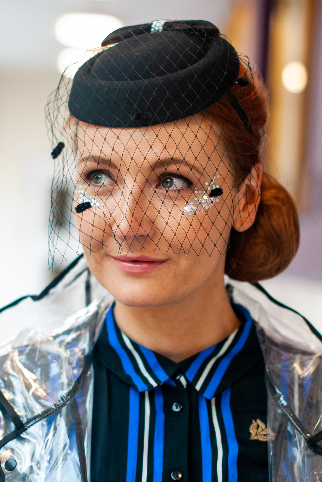 Futuristic 1940s-Style Secret Cinema Blade Runner Costume: striped shirt dress with pillbox hat and birdcage veil, clear raincoat (cosplay \ fancy dress \ costume) | Not Dressed As Lamb, over 40 style blog
