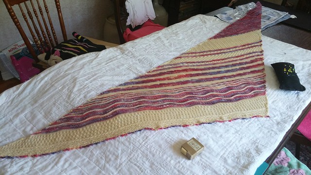 Cathy E’s Local Yarn Shawl knit using Zen Yarn Garden Serenity 20 in Laughter and French Vanilla