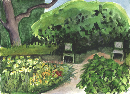 urbanlandscape garden cedarfallsiowa 30x30directwatercolor2018 watercolor moleskinewatercolorsketchbook marciamilnerbrage