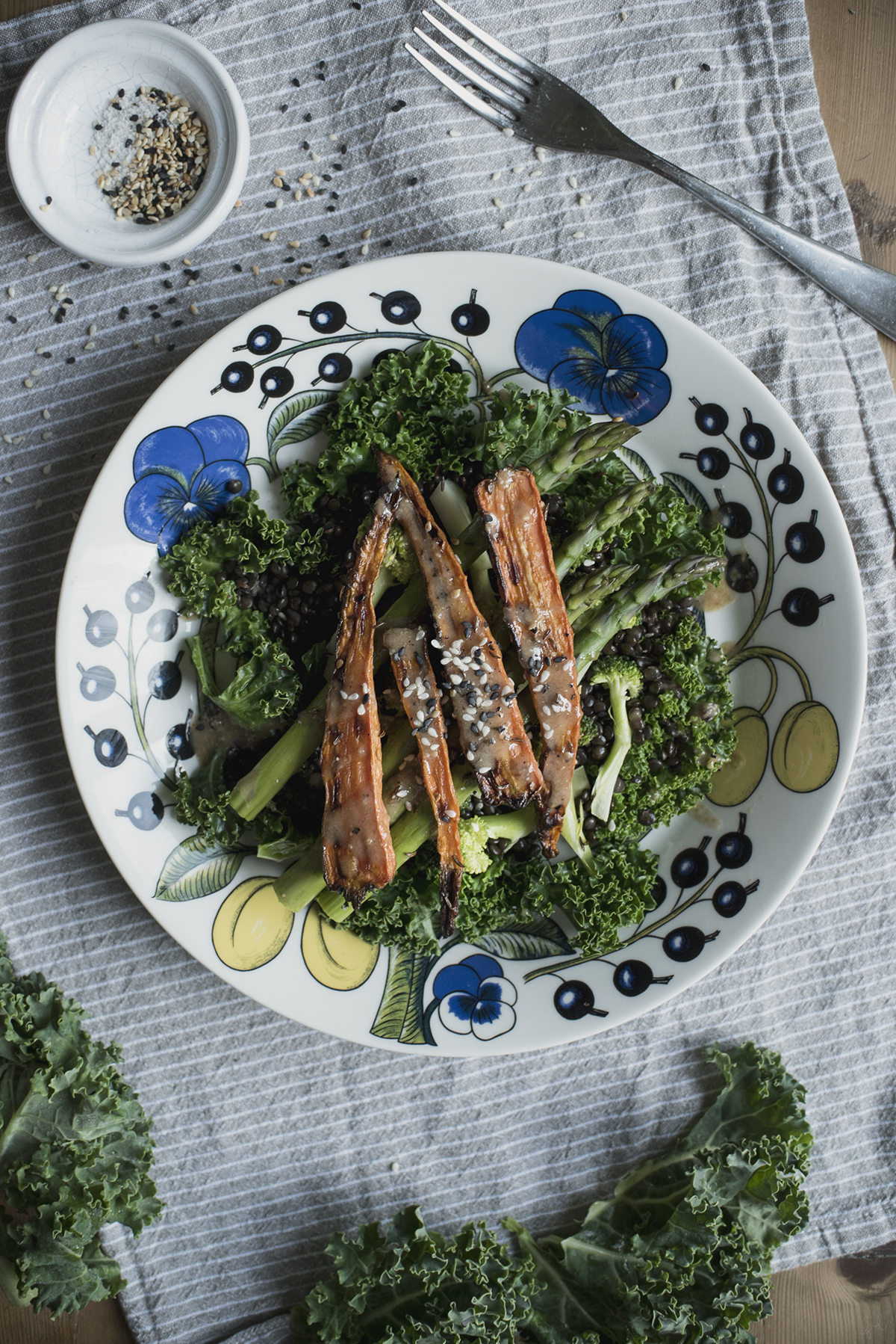 steamed kale, broccoli & asparagus with cumin roasted carrots