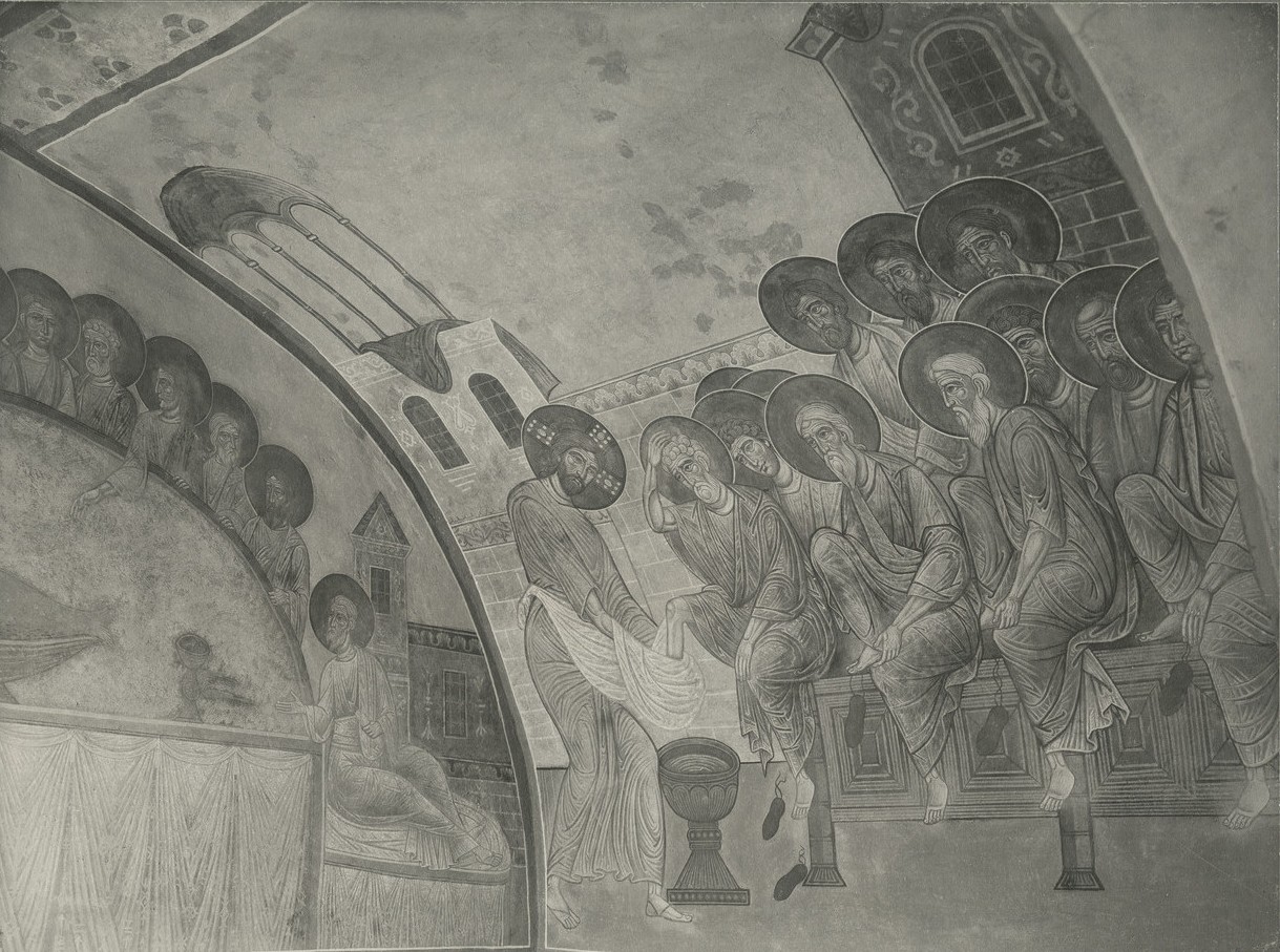 Фреска восточного склона западного свода Спасо-Преображенского собора Мирожского монастыря - «Омовение ног»