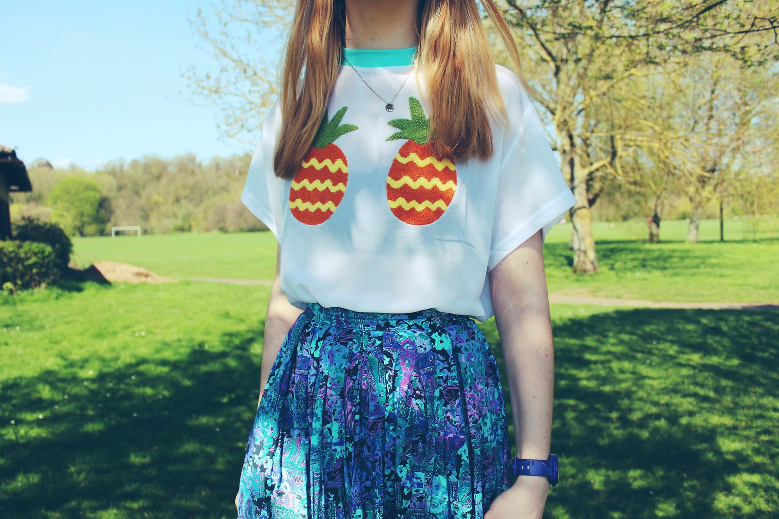 Lazy Oaf Pineapple T-shirt, vintage midi skirt and caged sandals 3