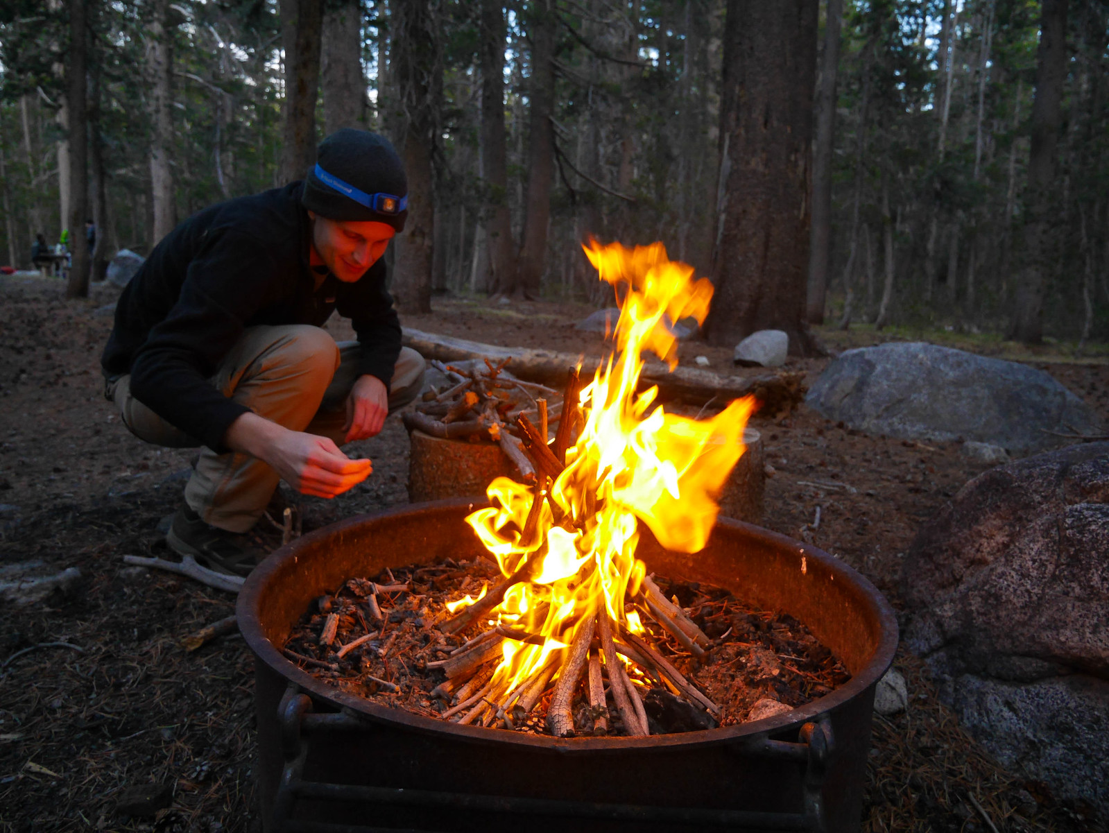 Miles tending fire at Tuolumne BP camp the night before we head out