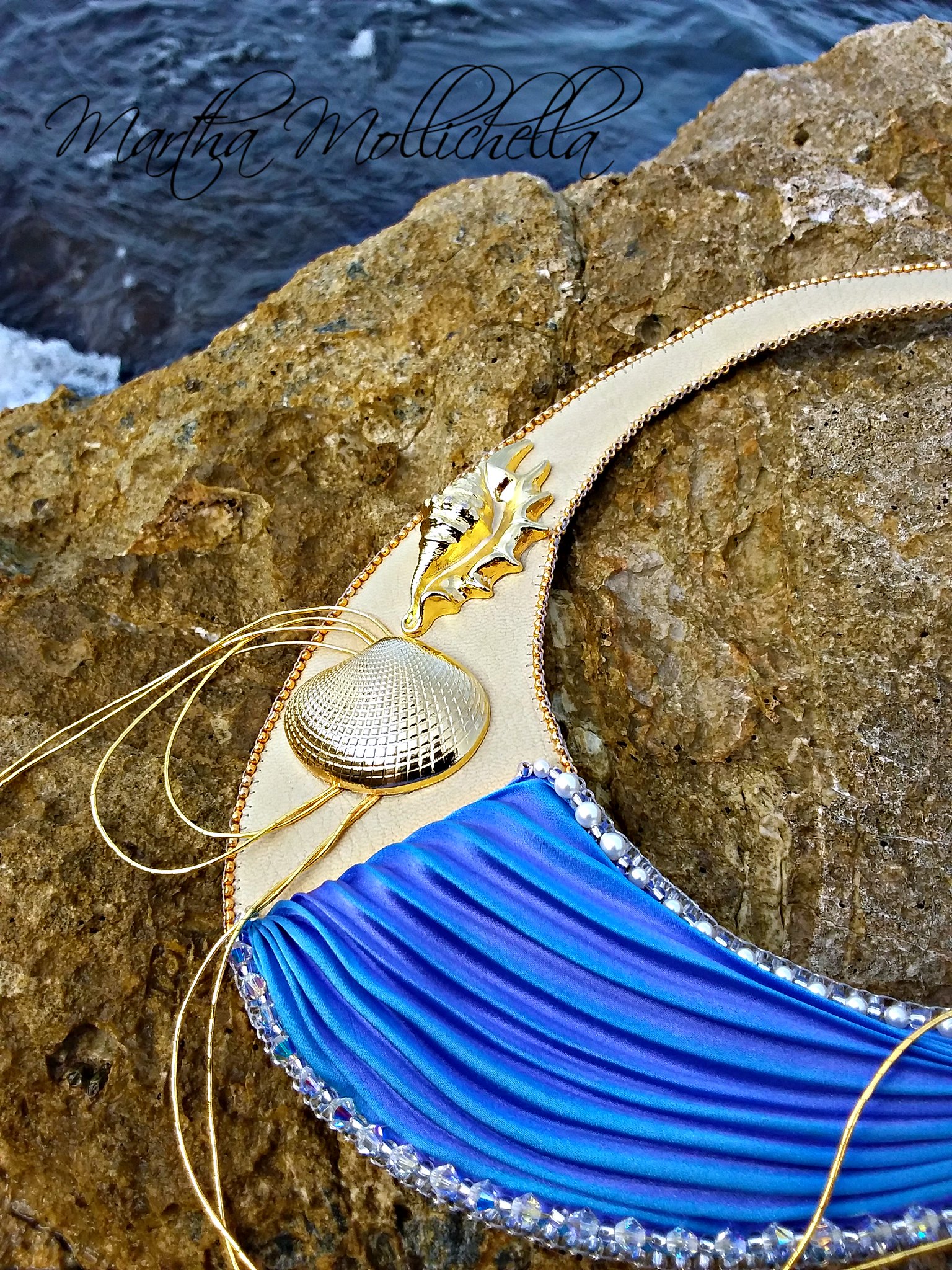 Shibori bead embroidery sea necklace by Martha Mollichella