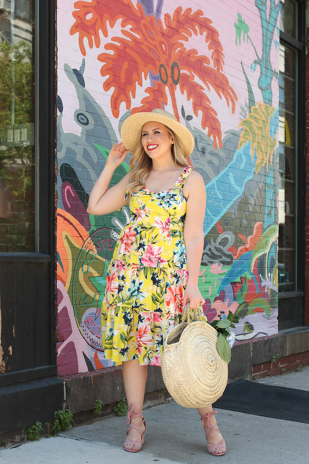 Palm Beach Chic Outfit Inspiration Eliza J Yellow Floral Dress Straw Hat Straw Bag Blush Pink Suede Sandals Fashion Summer Living After Midnite Jackie Giardina