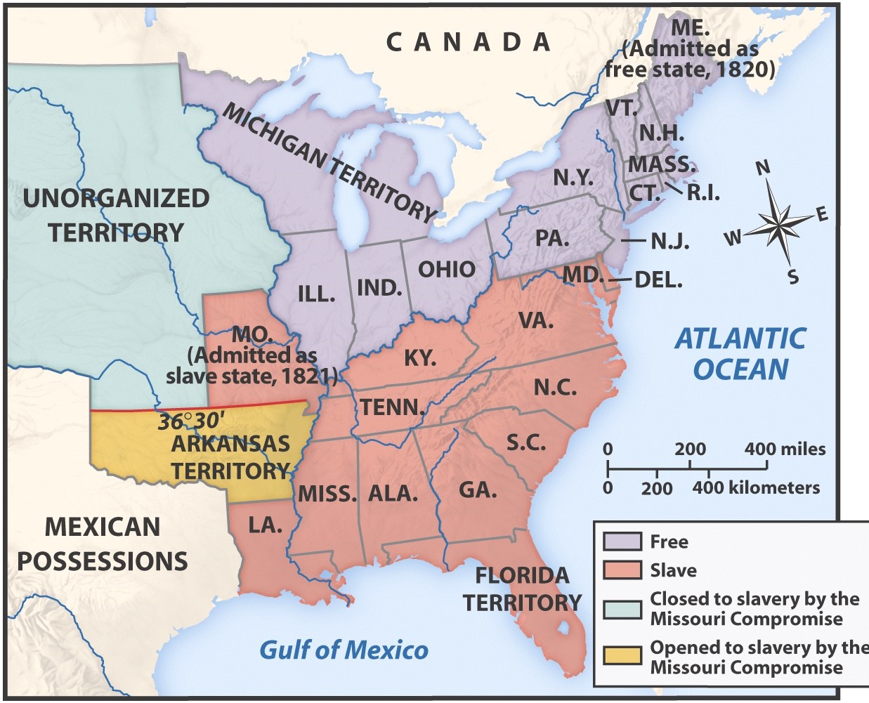 The Missouri Compromise is the title generally attached to the legislation passed by the 16th United States Congress on May 9, 1820. The measures provided for the admission of Maine as a free state along with Missouri as a slave state, thus maintaining the balance of power between North and South. As part of the compromise, slavery was prohibited north of the 36°30′ parallel, excluding Missouri. President James Monroe signed the legislation on March 6, 1820.