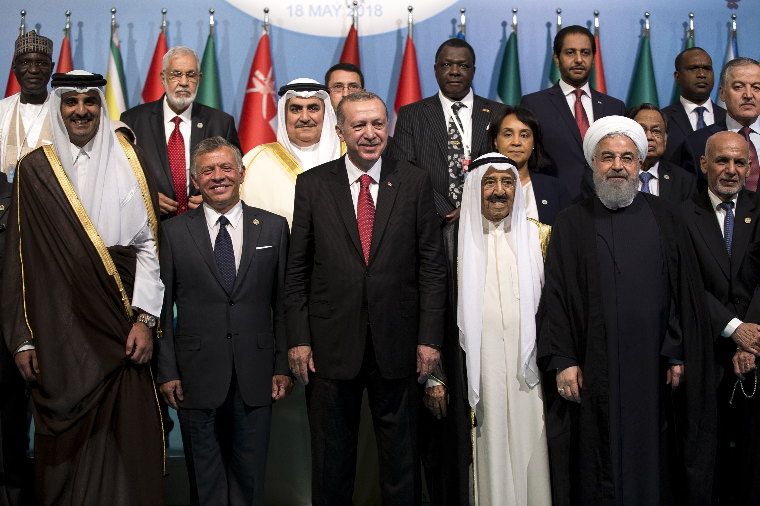 ISTANBUL, TURKEY - MAY 18: Turkish President Recep Tayyip Erdogan (C), Qatari Emir Sheikh Tamim bin Hamad al-Thani (L), Jordanian King Abdullah II (L2), President of Iran Hassan Rouhani (R2), Kuwaiti Emir Sheikh Sabah Al-Ahmad Al-Jaber Al-Sabah (R3) pose
