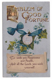 Holed sixpence Emblem of Good Fortune postcard