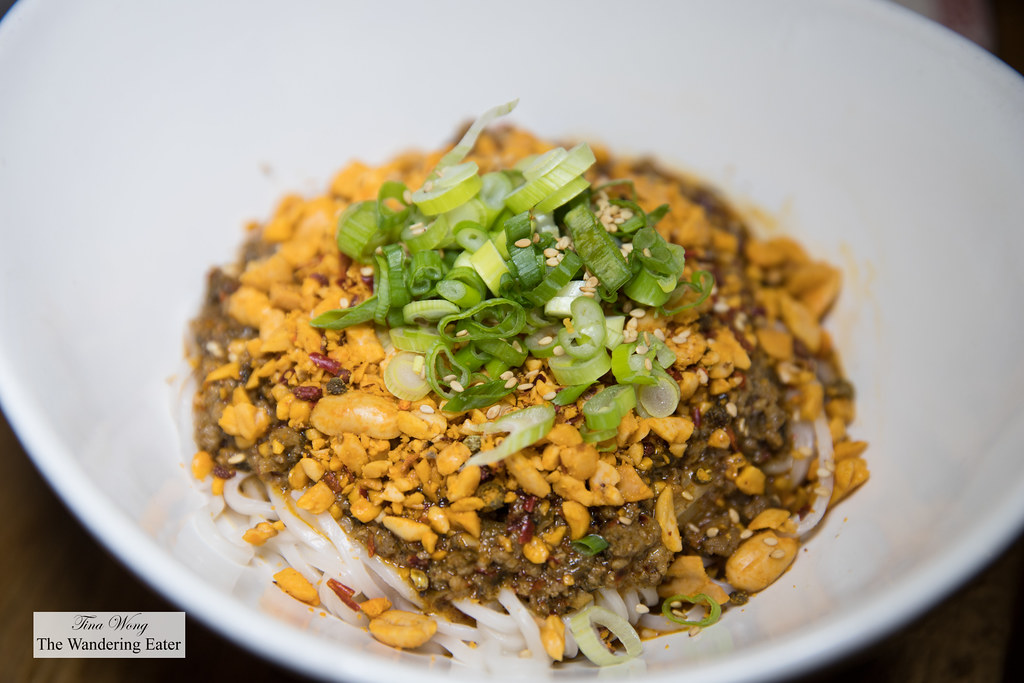 DDM (Dan Dan Mian; 担担面) - Dry fried ground pork with sprouts, sesame sauce, minced garlic, crushed peanuts and topped with scallion and sesame seeds