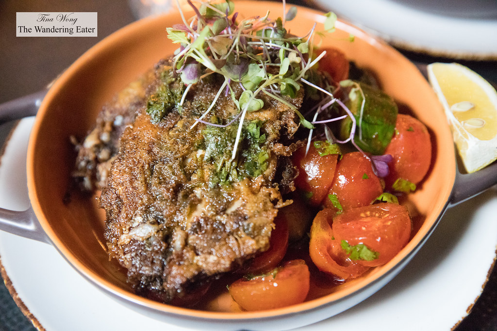 Fried sardines (from Portugal), chermoula, tomato and cucmber salad