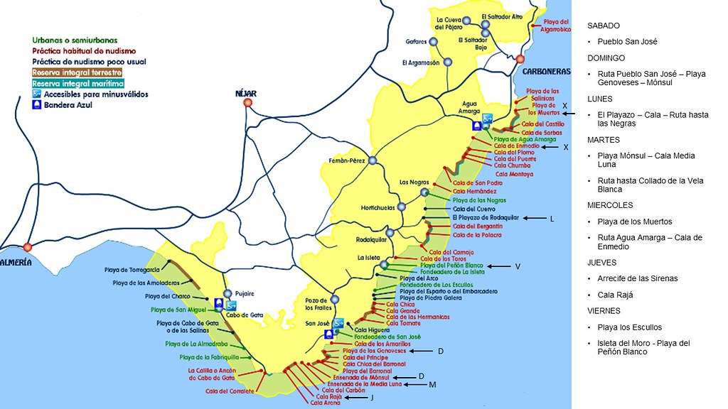 Mapa de Cabo de Gata señalando cada sitio visitado - Parque Natural de CABO de GATA - Junio'18 (1)