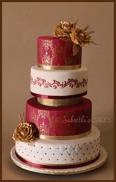 Classic Red and Gold Tiered Cake by Sabeetha's Cakes