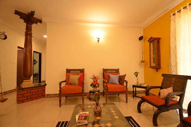 Traditional south Indian house with pillars and teak furniture