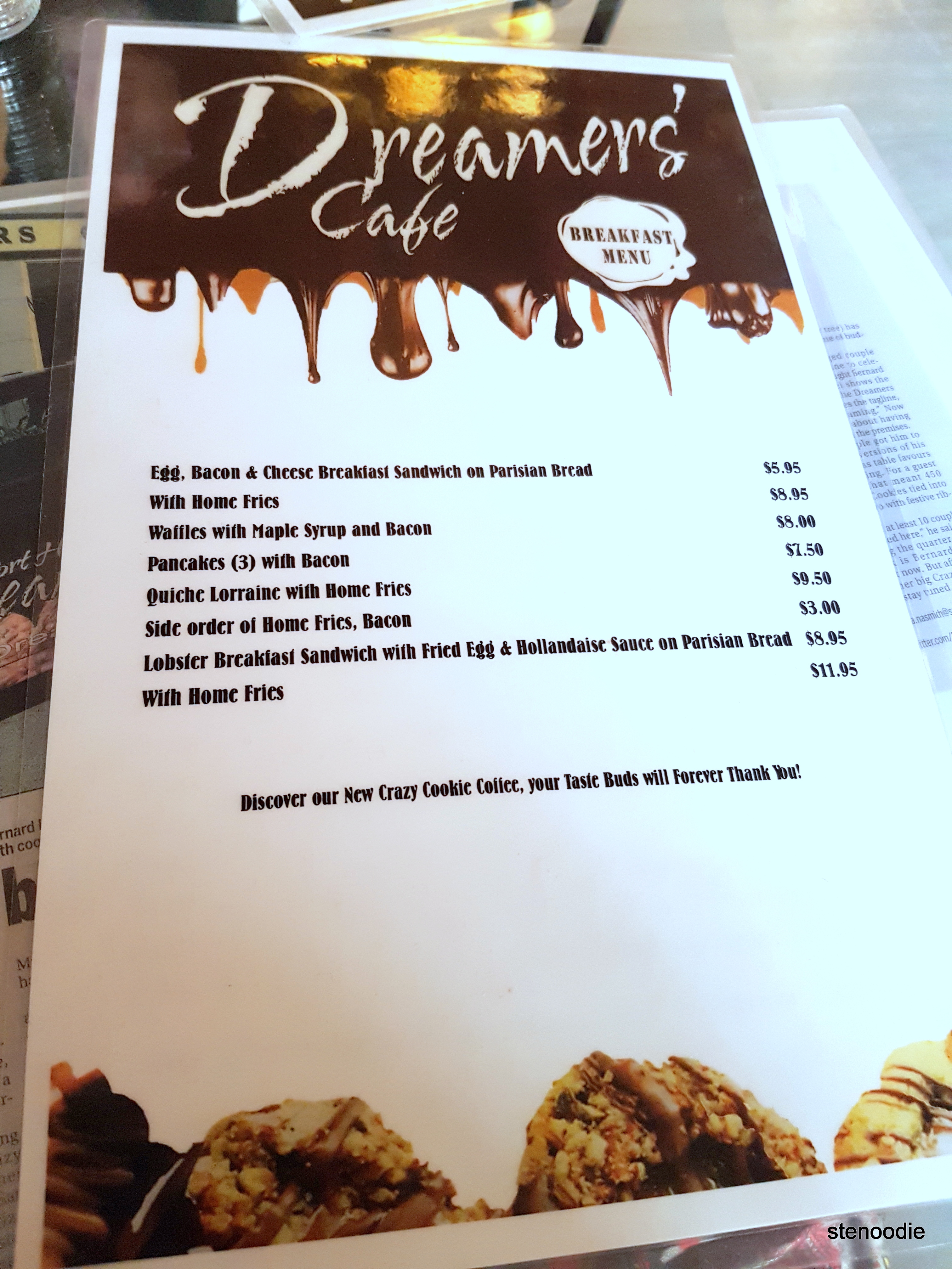 Dreamers' Cafe breakfast menu and prices