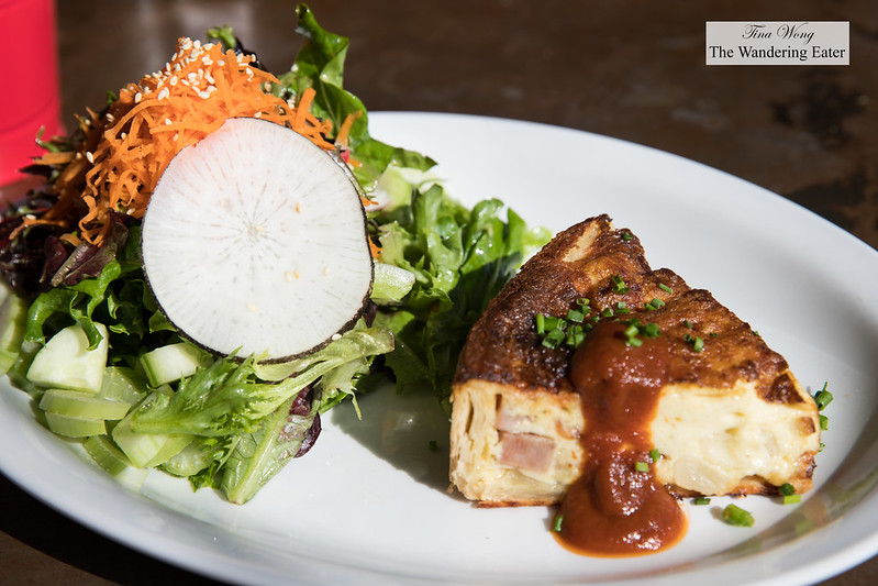 Quiche Lorraine (bacon, ham, gruyere) topped with house made maple ketchup and side salad