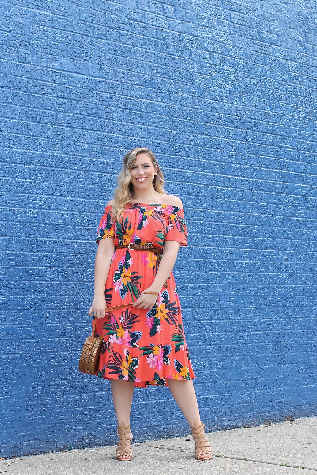 Coral Floral Off Shoulder Summer Dress Under $40 Bright Blue Brick Wall Colorful Outfit Inspiration