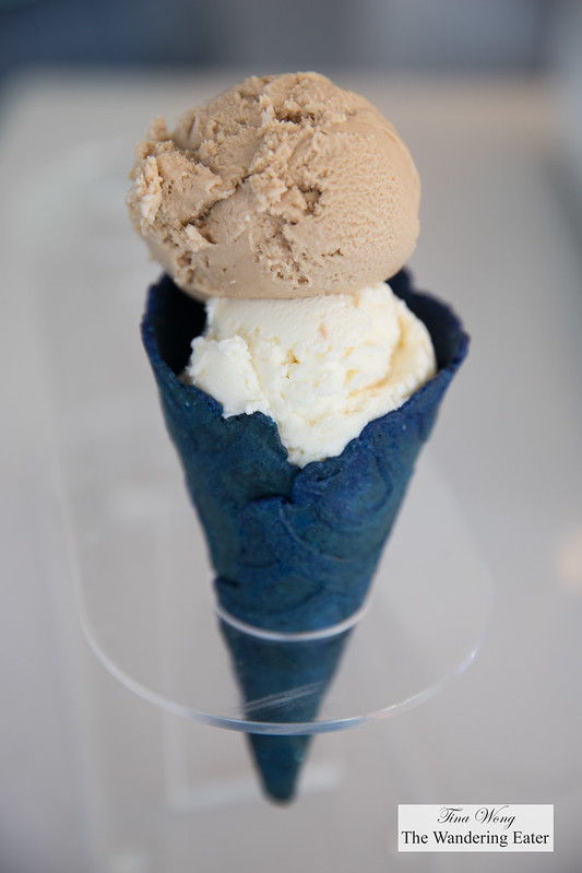 Coconut and coffee ice cream in a blue corn Konery cone