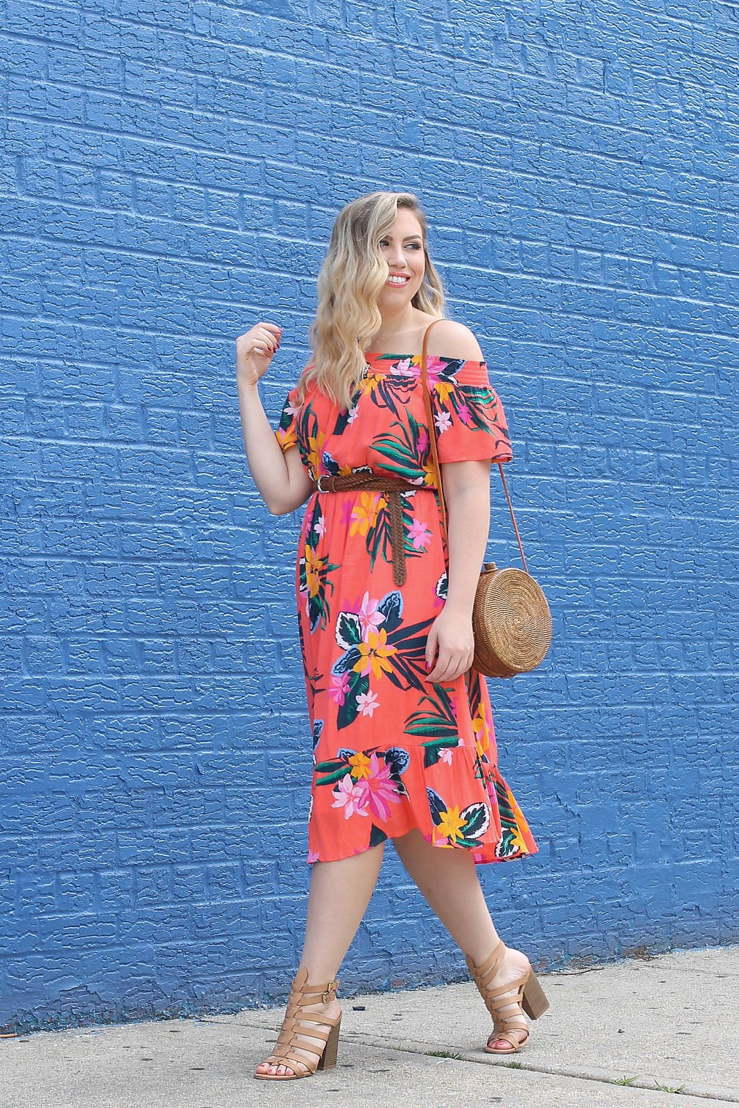 Coral Floral Off Shoulder Summer Dress Under $40 Bright Blue Brick Wall Colorful Outfit Inspiration