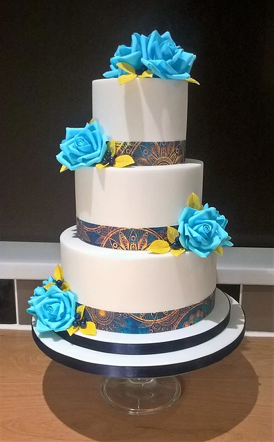 Blue and Gold Wedding Cake by Jaybeecakes