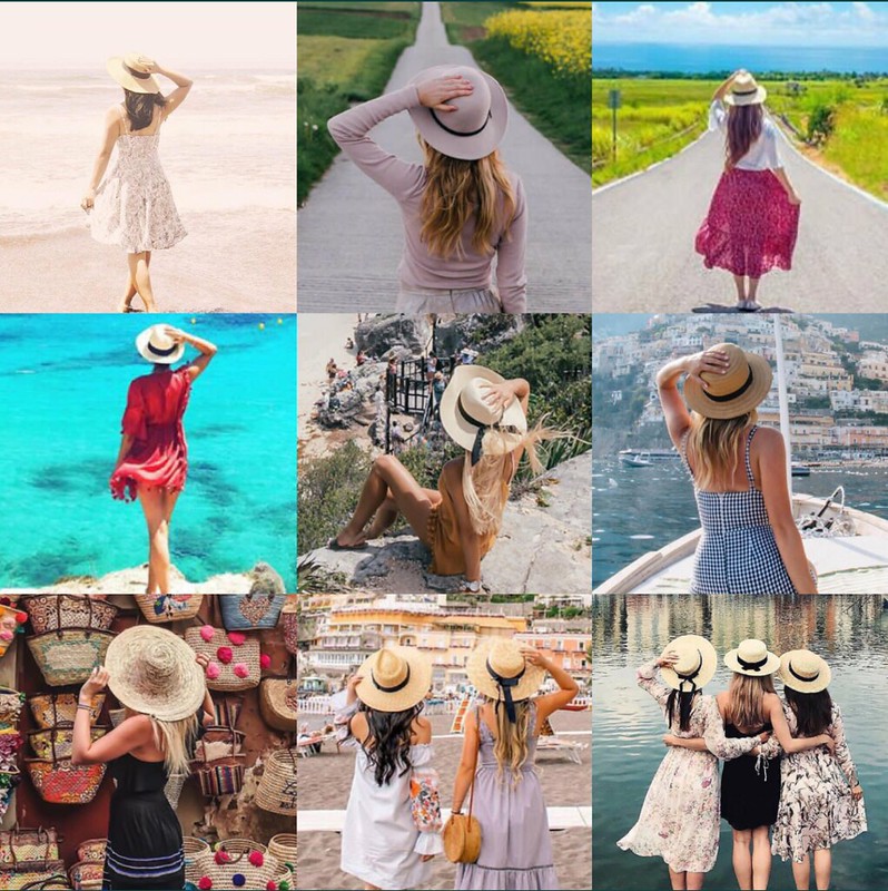 A montage of women's typical 'Insta-Fame' poses with hats on Instagram