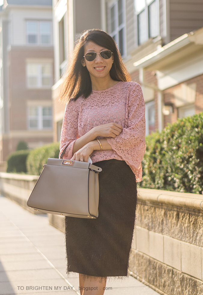 pink lace top with bell sleeves, morganite ring, rose gold cuff, dove gray taupe tote bag, black eyelash fringe pencil skirt