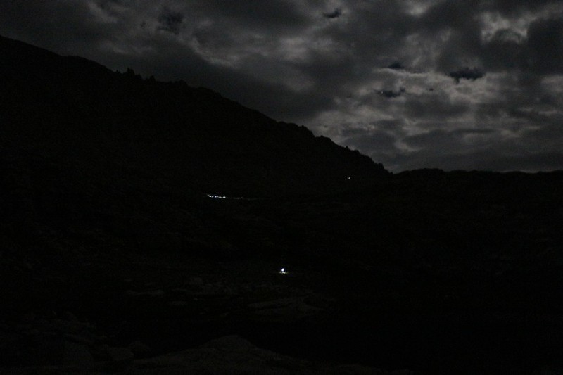 I was woken up by hikers yakking loudly at 2am - here are some headlamps climbing toward Trail Crest