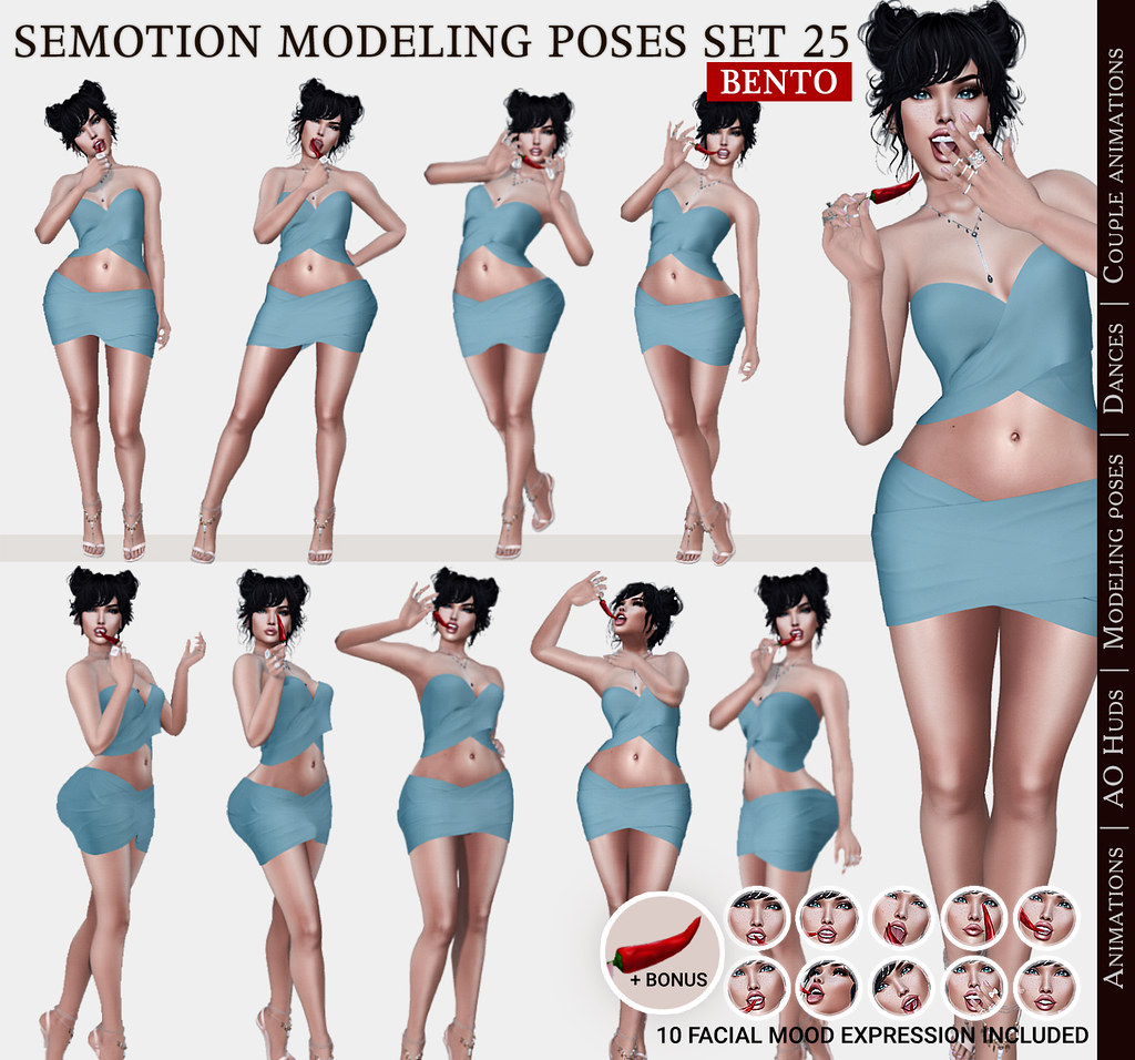 SEmotion Female Bento Modeling poses Set 25 – 10 static poses + Bonus Hot chilli pepper rigged to hand + 10 facial expressions!