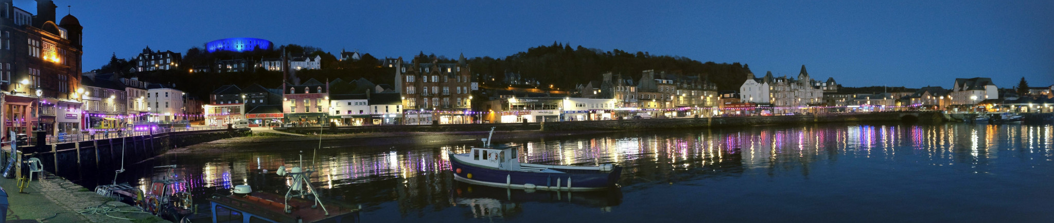 A nice panoramic of Oban, with a blue McCraig's Tower on top