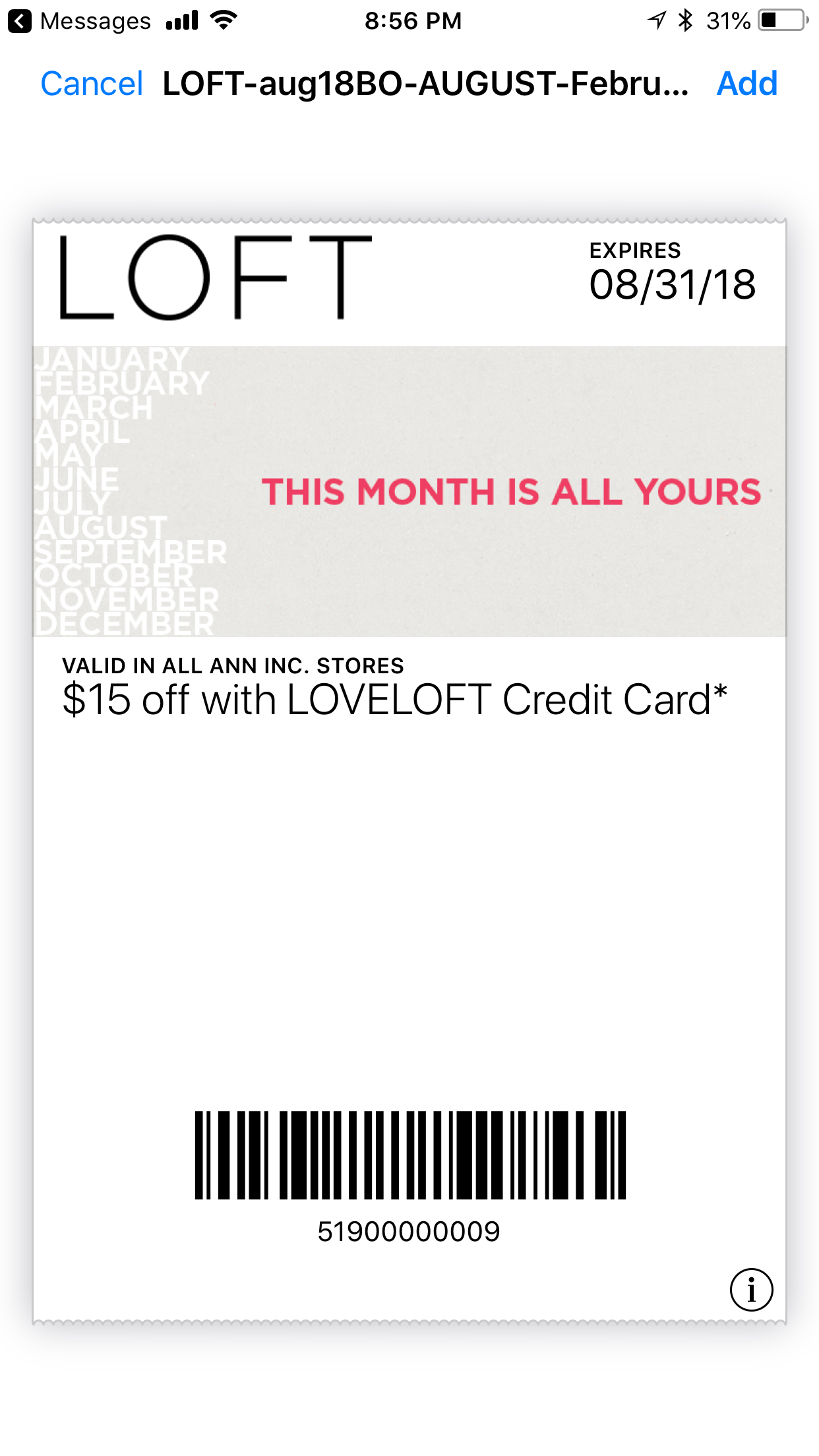 $15 August Birthday Coupon - Valid in all Ann Inc. Stores