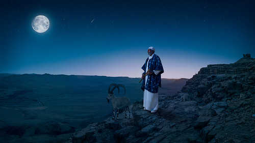 composite photoshop edited commercial model mitspe ramon desert prophet goats blue night sky crater mountain moon mitzpe תימור קולייב timor kuliev