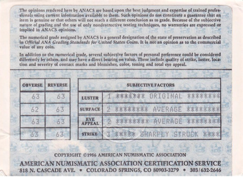 ANACS 1882-S Silver Dollar certificate back