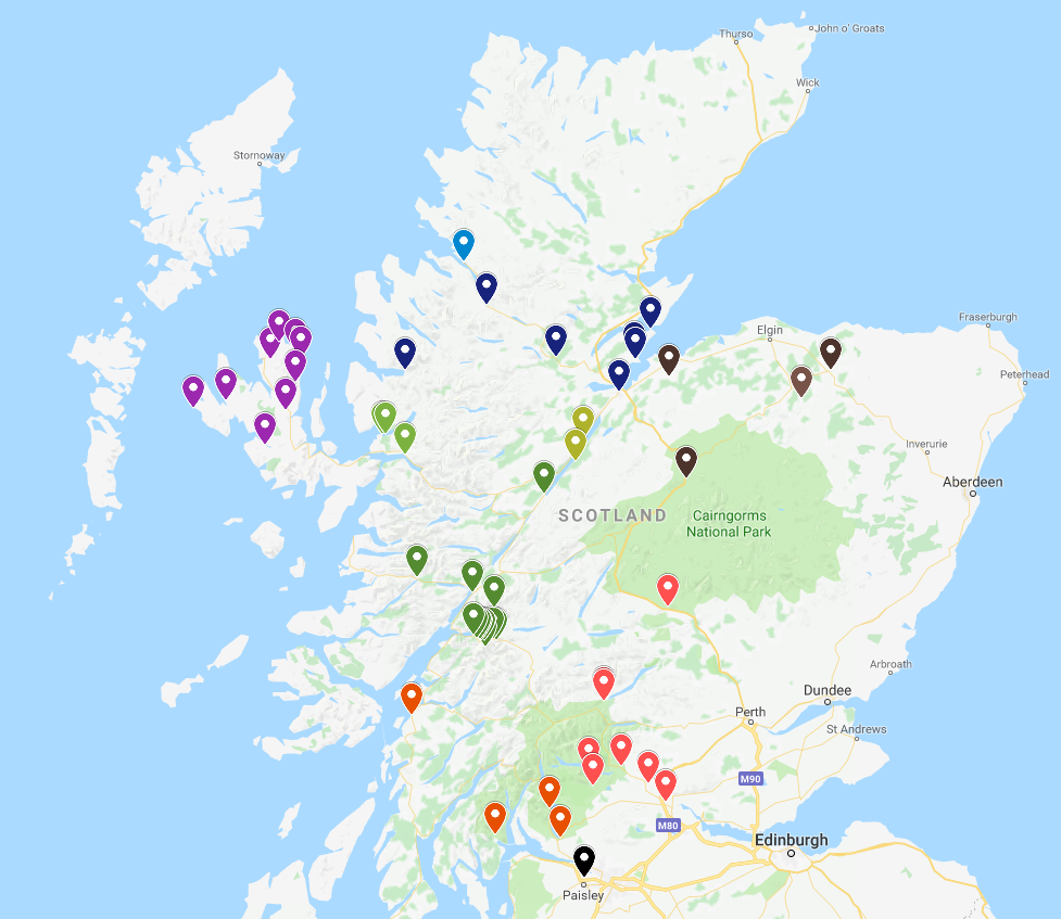 Map with the main places to visit in Scotland