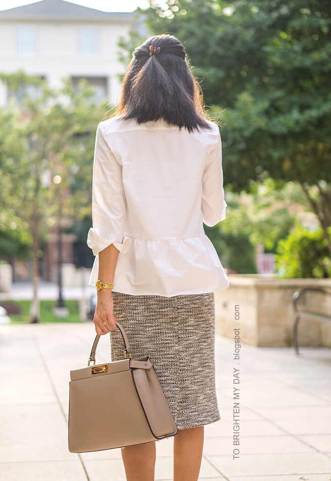 white peplum button up shirt, marled tweed knit pencil skirt, dove gray tote