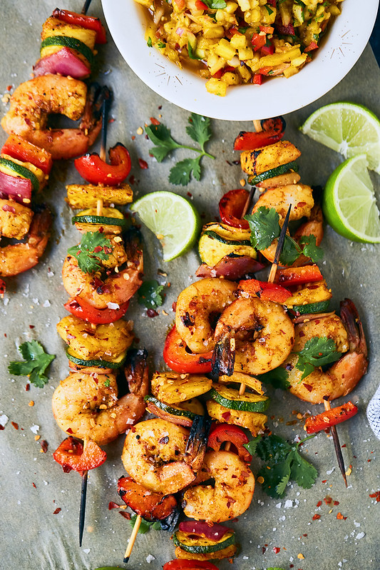 Grilled Spicy Shrimp and Veggie Skewers with Pineapple Turmeric Salsa {gluten-free, paleo, Whole30, keto}