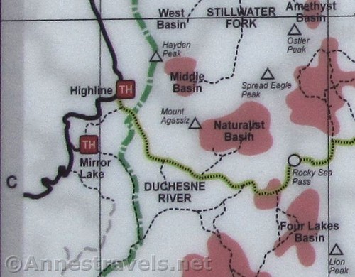 Close up of the map at the Highline Trailhead detailing the Mt. Agassiz / Naturalist Basin area, Uinta Mountains, Utah