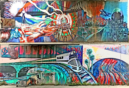 losangeles landscape longbeach graffiti colorful color concrete mural underpass bridge diptych space train rail pilot palmtrees blue green red hands