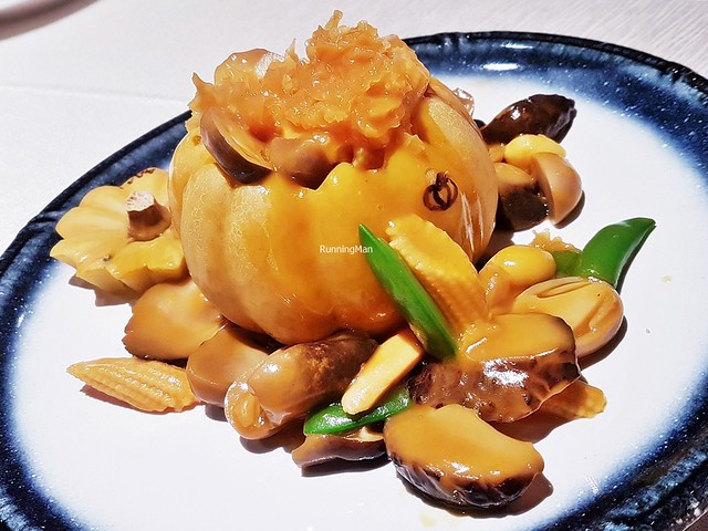 Stir-Fried Nameko Mushrooms, Honshimeji Mushrooms, Bamboo Pith, Wu-Er Fungus With Mixed Vegetables Served In Mini Pumpkin