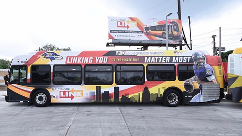 BaltimoreLink bus and billboard, West Baltimore transfer center, Smallwood Street