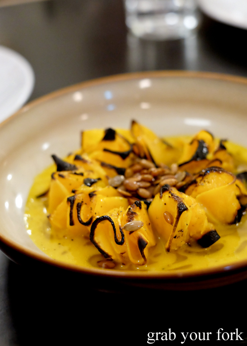 Pumpkin with pumpkin seeds and kombu oil at Ester in Chippendale, Sydney