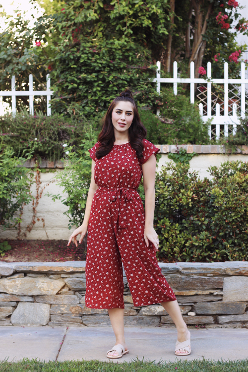 Smak Parlour Off-Duty Chic Jumpsuit in Maroon Floral Print Restricted Shoes Run Sandal in Taupe