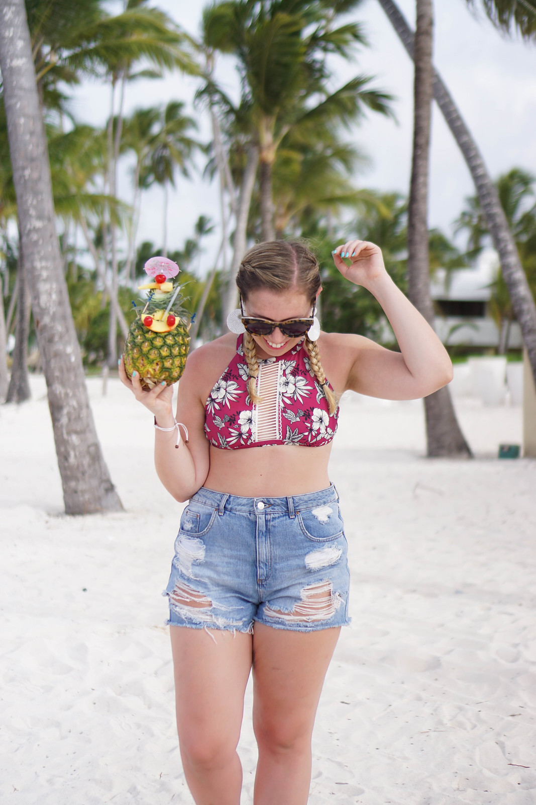 Pigtail Braids Floral High Neck Bikini Mom Jean Shorts Pineapple Drink Tropical Vacation Outfit Punta Cana Holiday Summer Palm Trees Beach