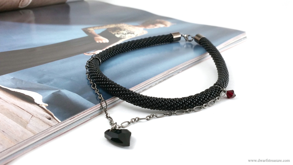 Bohemian black beaded crochet rope necklace with magazine