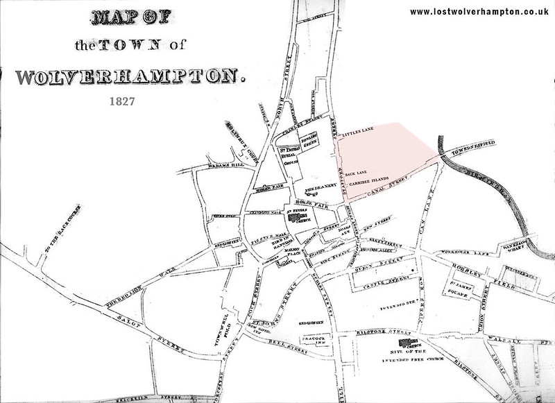 Map of Wolverhampton town in 1827, showing the area known as Carribee Islands