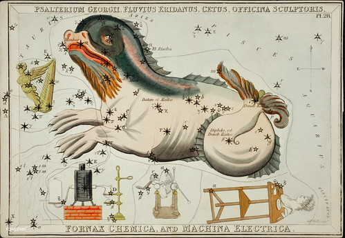 Sidney Hall’s (1831) astronomical chart illustration of the Psalterium Georgii, Fluvius Eridanus, Cetus, Officinal Scupltoris, Fornax Chemica, and Machina Electrica. Original from Library of Congress. Digitally enhanced by rawpixel.