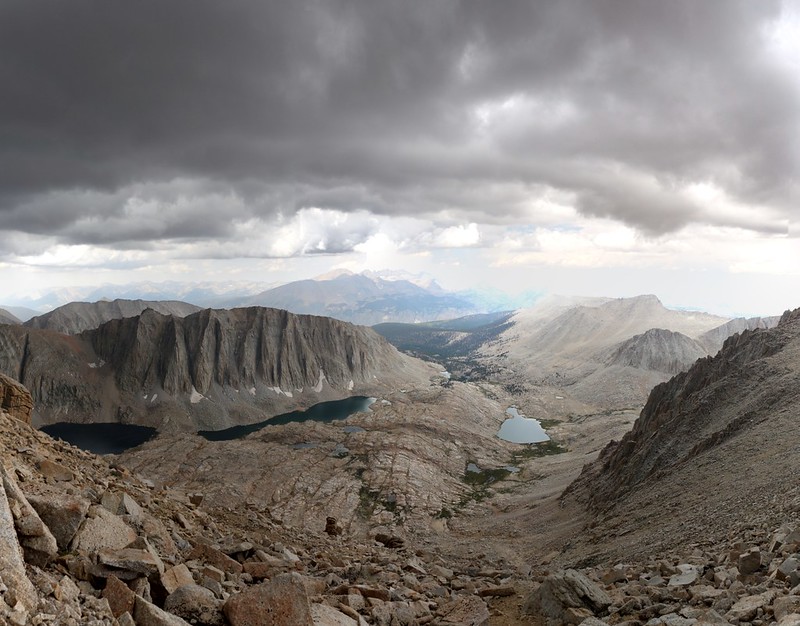 View west down to Guitar Lake from the John Muir Trail just south of Mount Whitney
