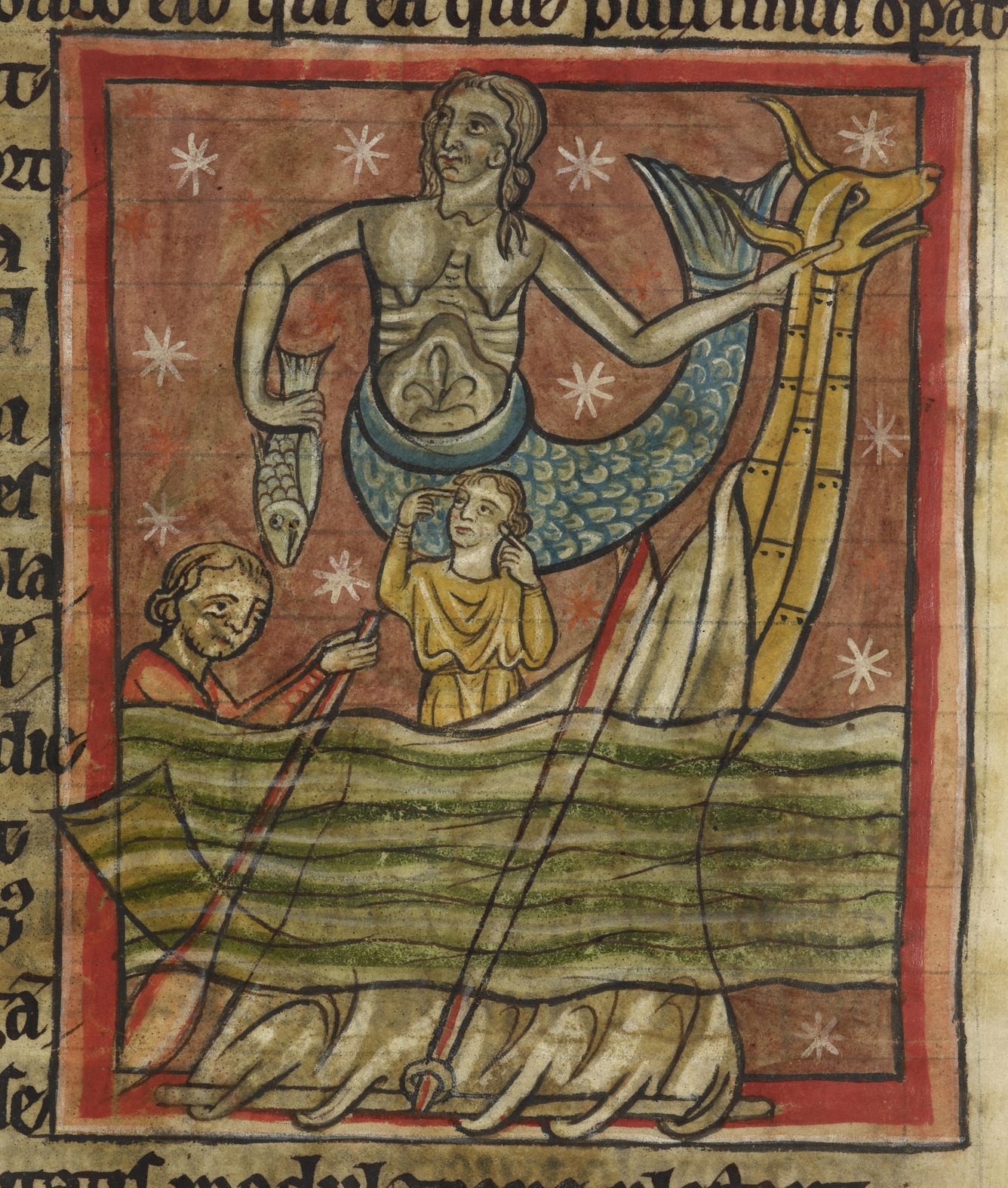 Miniature illustration of a Siren, portrayed with a fish's tail like a mermaid, lulls sailors to sleep with her song. One sailor stops his ears with his fingers to avoid hearing her. From an English bestiary (or bestiarum vocabulum, a compendium of beasts), originally published/produced in England (Salisbury?), 1230-1240. Held and digitized by the British Library, London, England. 