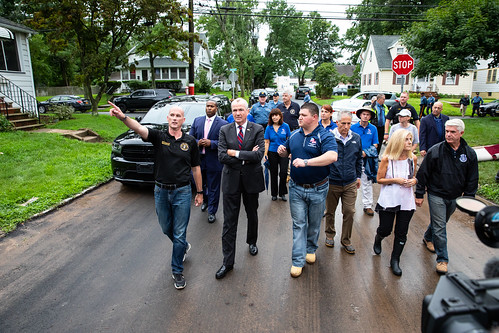 Governor Phil Murphy visits and tours the site of drastic flooding damage after a storm in Little Falls, New Jersey on Monday, August 13th, 2018. Edwin J. Torres/NJ Governor's Office.