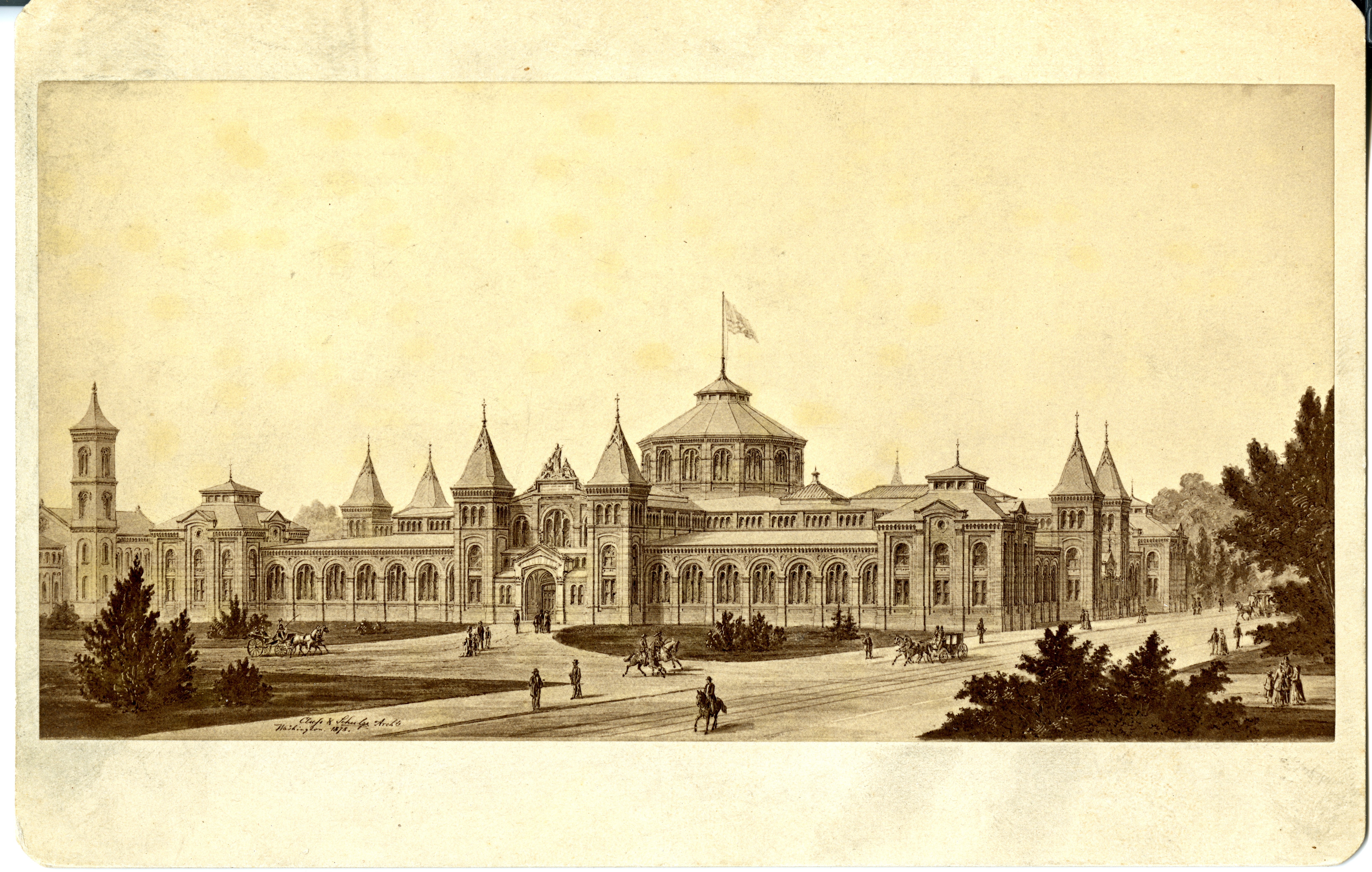 Rendering of the new United States National Museum, now the Arts and Industries Building, designed by Adolph Cluss and Rudolph Schulze. Record Unit 95, Smithsonian Institution Archives, Neg. no. SIA2011-1079.
